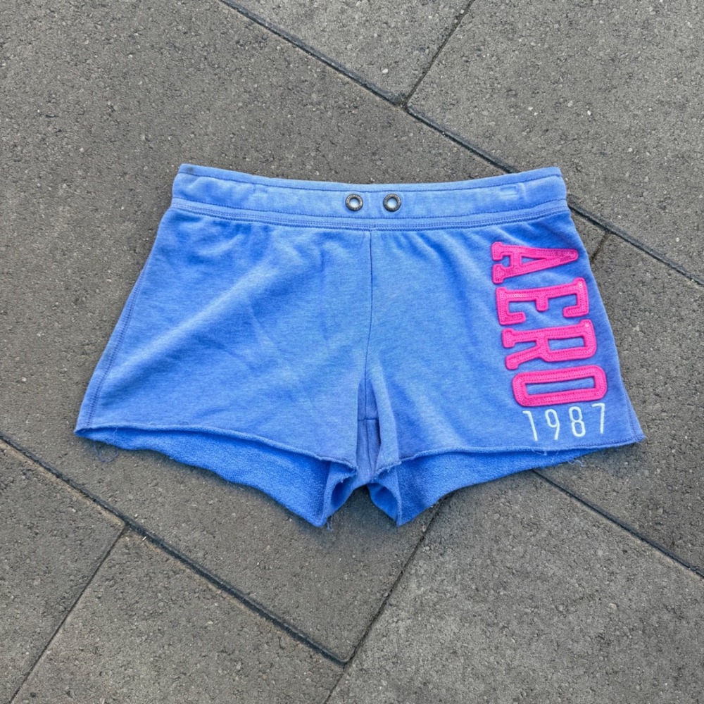 Aeropostale Blue Sequin Logo Sweat Shorts Raw Hem Small